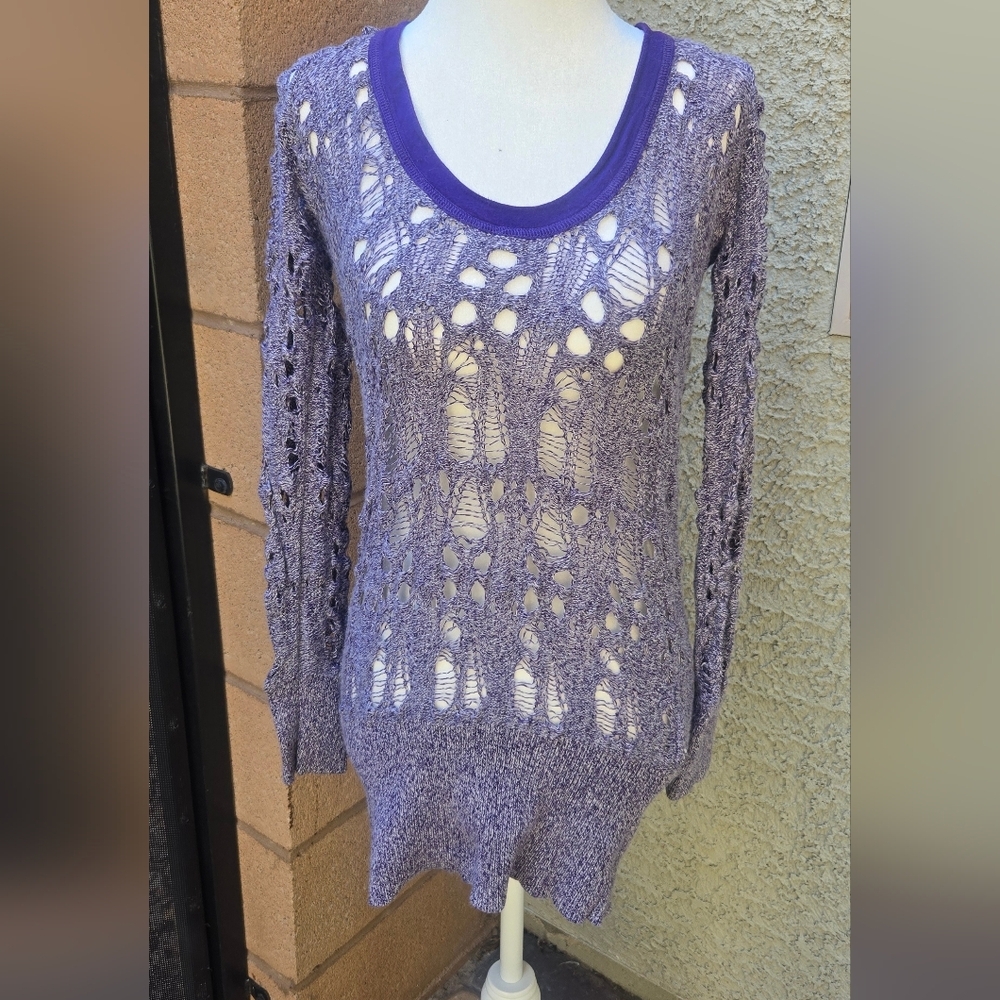Armani Exchange Purple Distressed Open-Knit Sweater